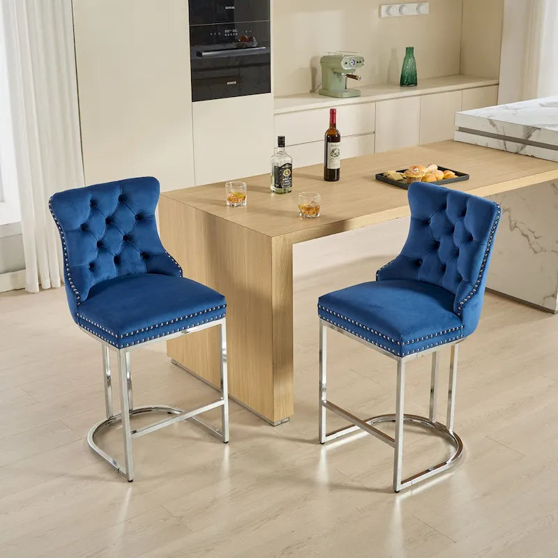 Contemporary Set of 2 Bar Stools with Button-Tufted Back and Studded Trim, Chrome Metal Base - Ideal for Dining Room, Living Room, and Bedroom 17