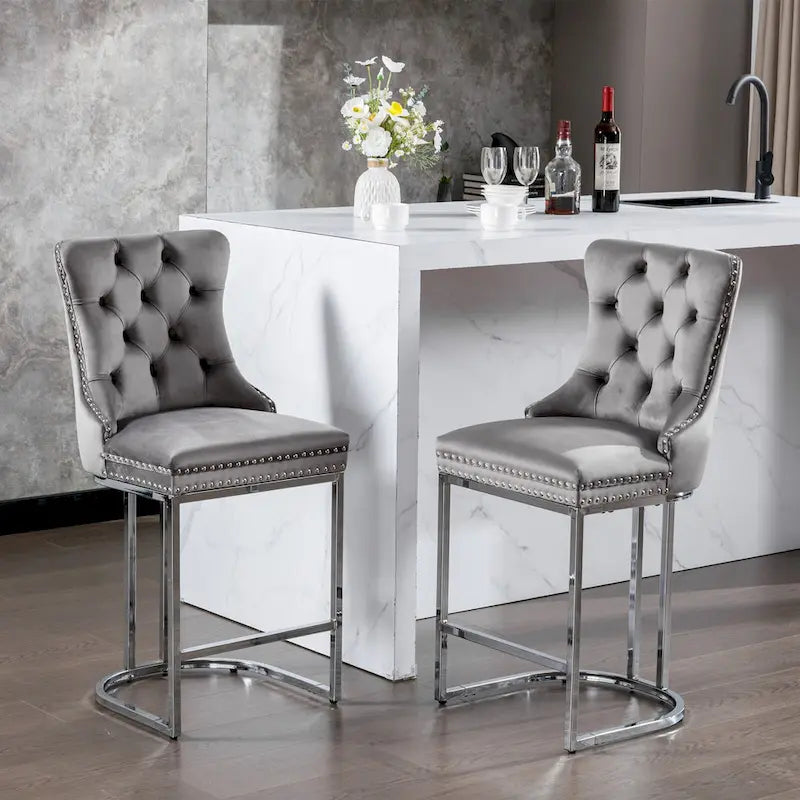 Contemporary Set of 2 Bar Stools with Button-Tufted Back and Studded Trim, Chrome Metal Base - Ideal for Dining Room, Living Room, and Bedroom 18