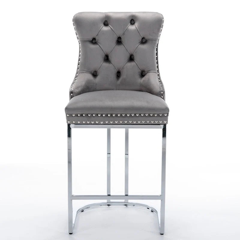 Contemporary Set of 2 Bar Stools with Button-Tufted Back and Studded Trim, Chrome Metal Base - Ideal for Dining Room, Living Room, and Bedroom 19