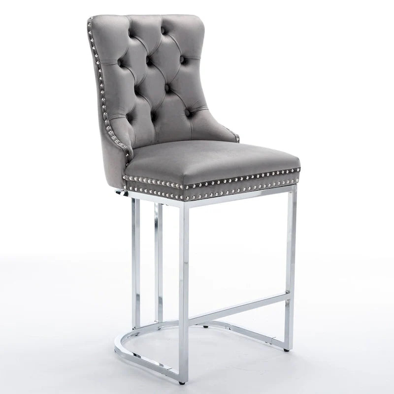 Contemporary Set of 2 Bar Stools with Button-Tufted Back and Studded Trim, Chrome Metal Base - Ideal for Dining Room, Living Room, and Bedroom 20