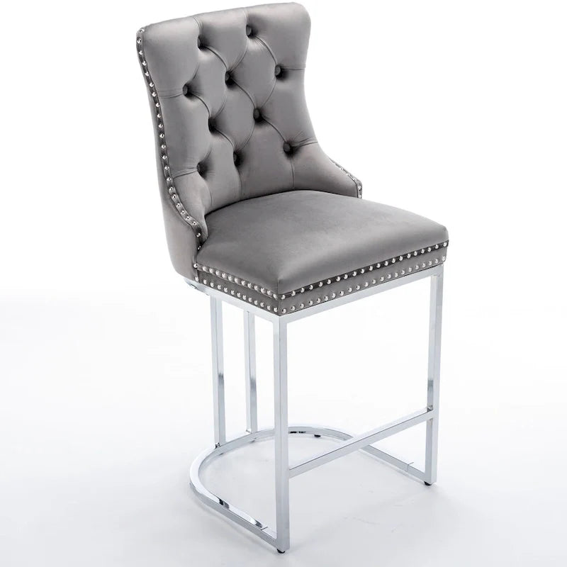 Contemporary Set of 2 Bar Stools with Button-Tufted Back and Studded Trim, Chrome Metal Base - Ideal for Dining Room, Living Room, and Bedroom 21