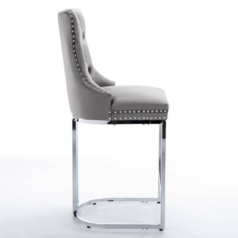Contemporary Set of 2 Bar Stools with Button-Tufted Back and Studded Trim, Chrome Metal Base - Ideal for Dining Room, Living Room, and Bedroom 22