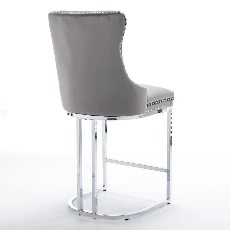 Contemporary Set of 2 Bar Stools with Button-Tufted Back and Studded Trim, Chrome Metal Base - Ideal for Dining Room, Living Room, and Bedroom 23