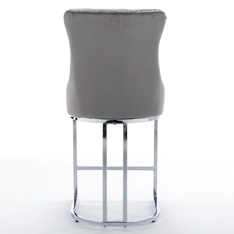 Contemporary Set of 2 Bar Stools with Button-Tufted Back and Studded Trim, Chrome Metal Base - Ideal for Dining Room, Living Room, and Bedroom 24
