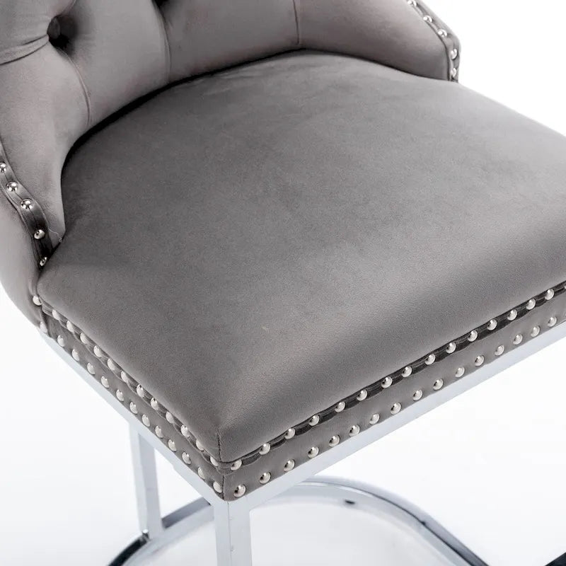 Contemporary Set of 2 Bar Stools with Button-Tufted Back and Studded Trim, Chrome Metal Base - Ideal for Dining Room, Living Room, and Bedroom 29