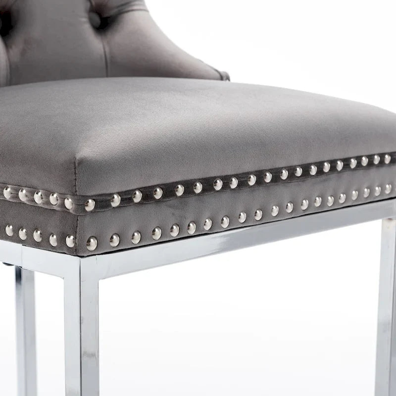 Contemporary Set of 2 Bar Stools with Button-Tufted Back and Studded Trim, Chrome Metal Base - Ideal for Dining Room, Living Room, and Bedroom 30