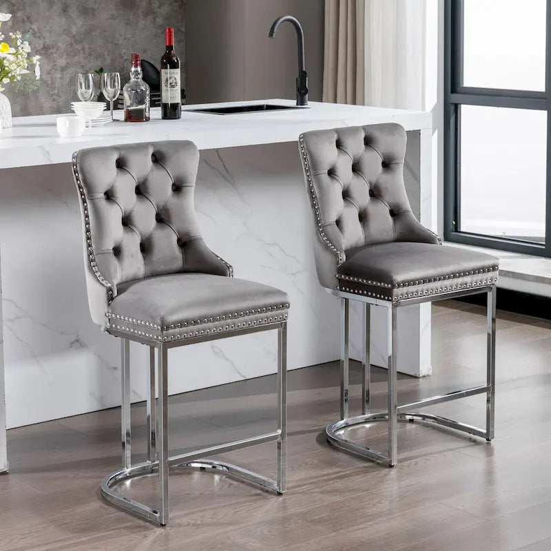 Contemporary Set of 2 Bar Stools with Button-Tufted Back and Studded Trim, Chrome Metal Base - Ideal for Dining Room, Living Room, and Bedroom 32