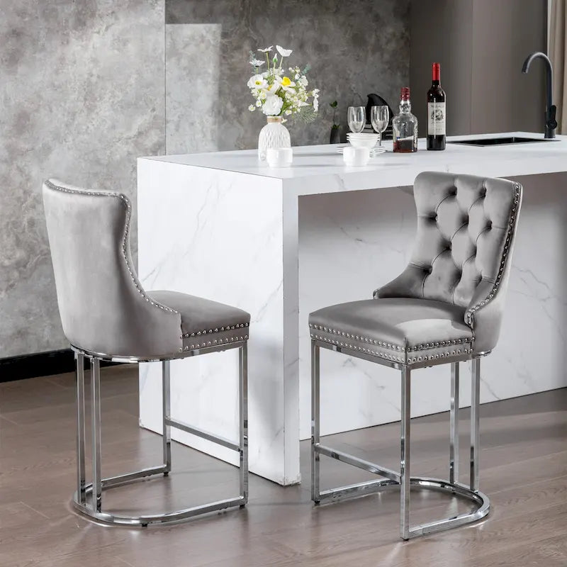 Contemporary Set of 2 Bar Stools with Button-Tufted Back and Studded Trim, Chrome Metal Base - Ideal for Dining Room, Living Room, and Bedroom 33