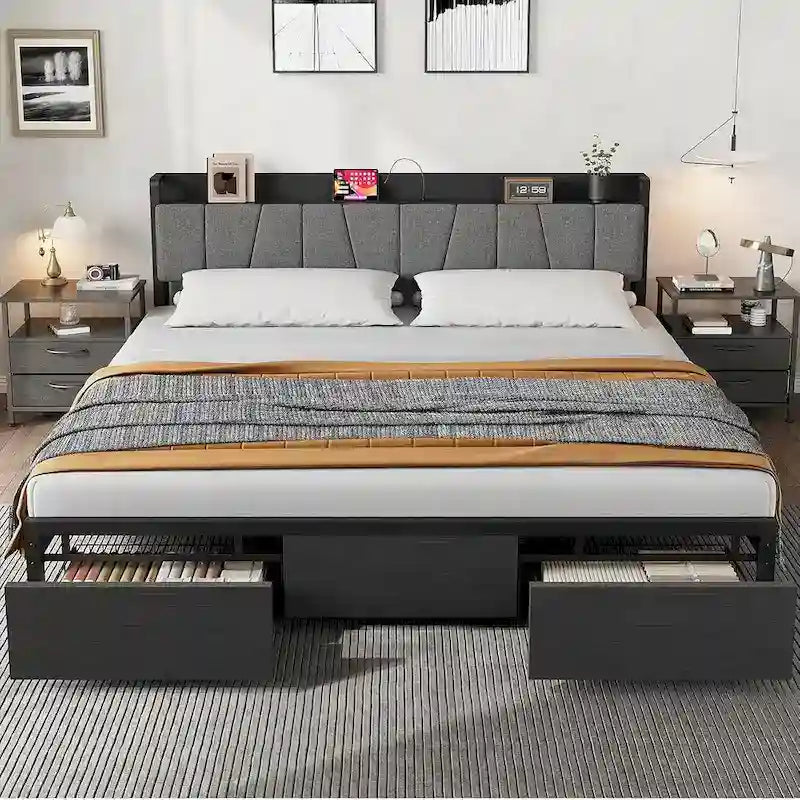 Industrial Black Bed Frame with Storage Headboard, Featuring 2 Spacious Drawers and Built-in Charging Station 1