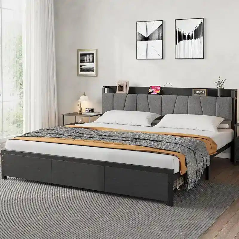 Industrial Black Bed Frame with Storage Headboard, Featuring 2 Spacious Drawers and Built-in Charging Station 2