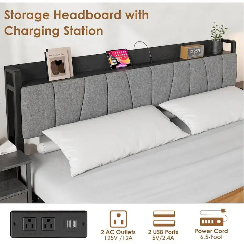 Industrial Black Bed Frame with Storage Headboard, Featuring 2 Spacious Drawers and Built-in Charging Station 3