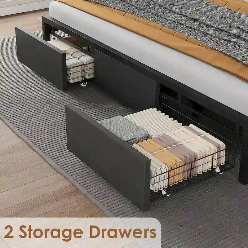 Industrial Black Bed Frame with Storage Headboard, Featuring 2 Spacious Drawers and Built-in Charging Station 4