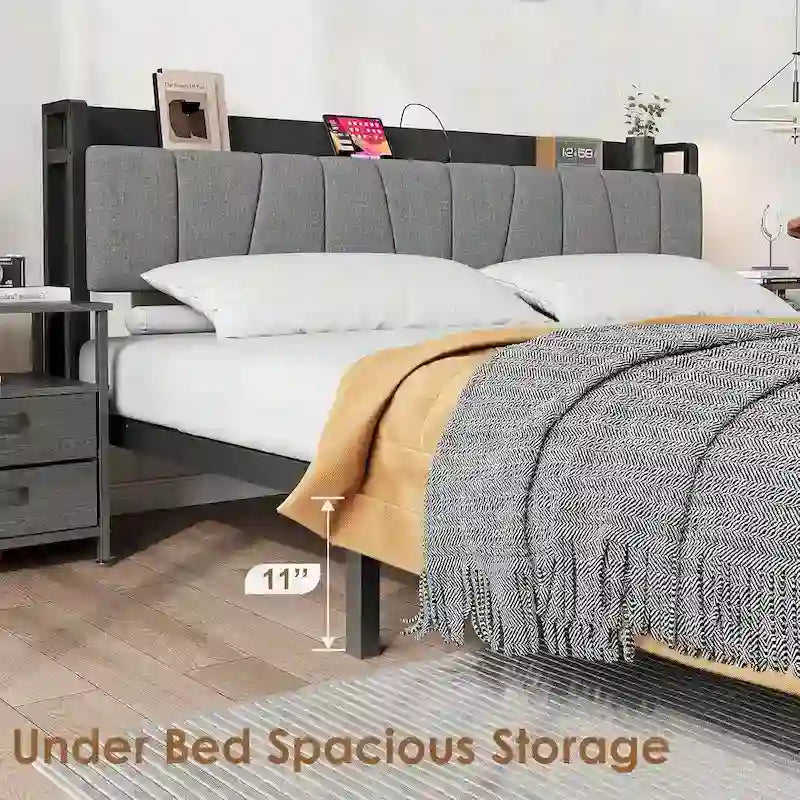 Industrial Black Bed Frame with Storage Headboard, Featuring 2 Spacious Drawers and Built-in Charging Station 5