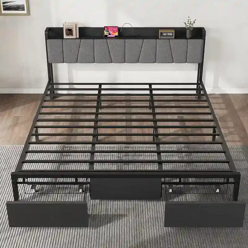Industrial Black Bed Frame with Storage Headboard, Featuring 2 Spacious Drawers and Built-in Charging Station 6
