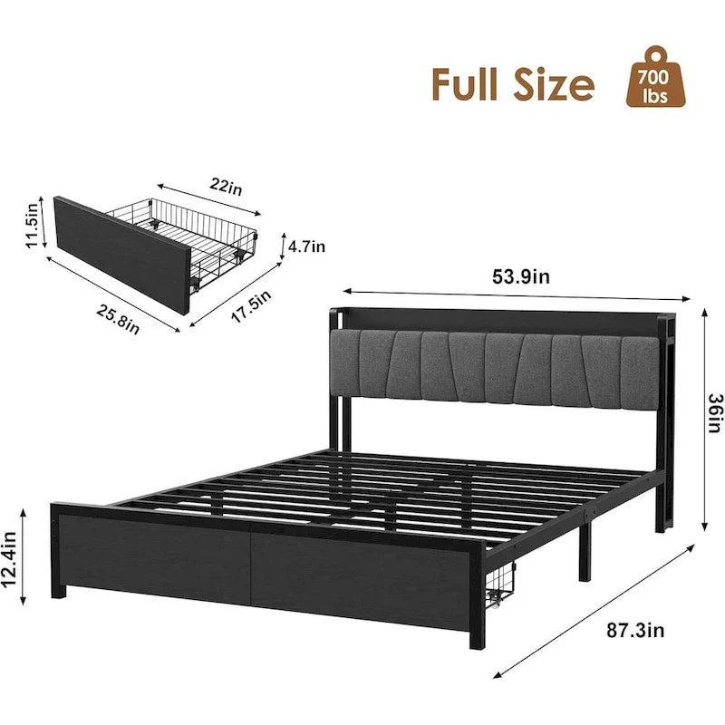 Industrial Black Bed Frame with Storage Headboard, Featuring 2 Spacious Drawers and Built-in Charging Station 7