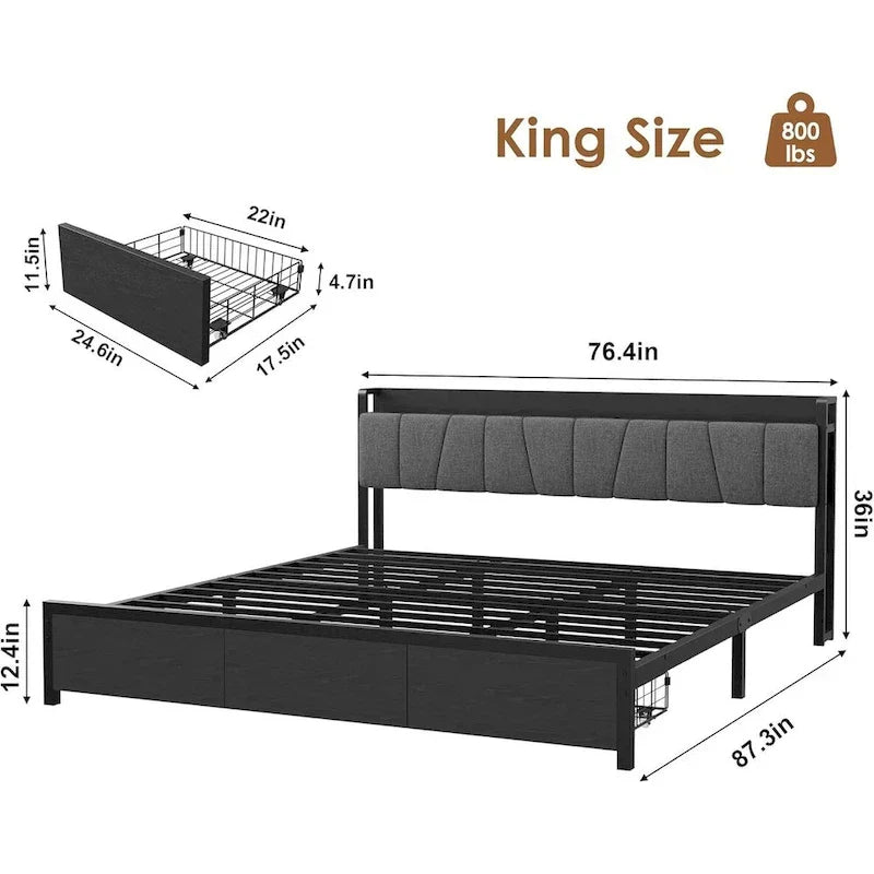 Industrial Black Bed Frame with Storage Headboard, Featuring 2 Spacious Drawers and Built-in Charging Station 8