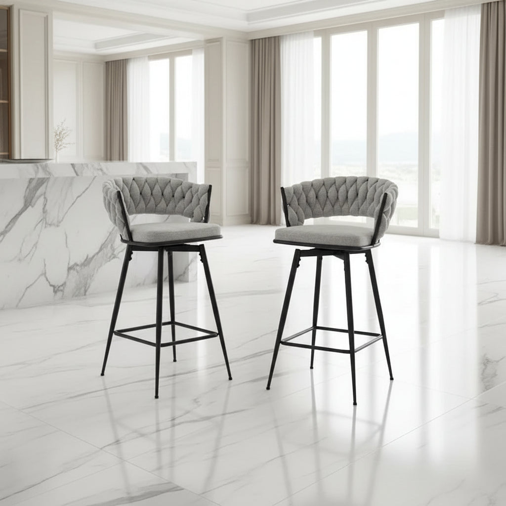 Pair of Swivel Bar Stools with Comfortable Linen Cushions - Counter Height Seating for Kitchen Islands, Dining Areas, or Pubs
