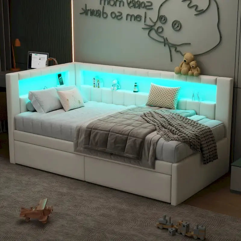 Modern Daybed with LED Lighting USB Ports and Trundle Bed 30