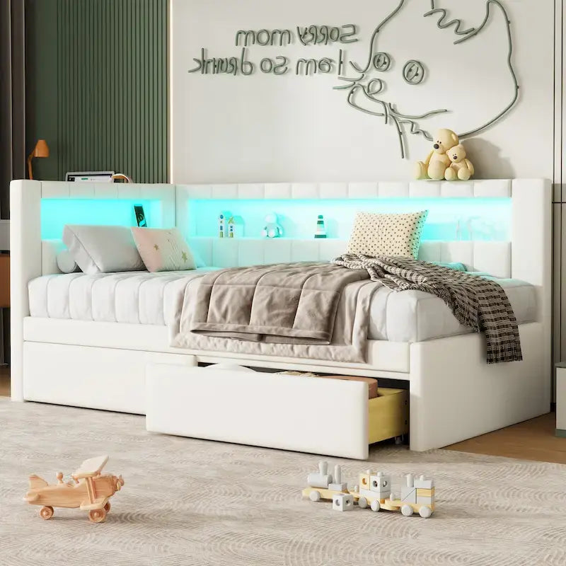 Modern Daybed with LED Lighting USB Ports and Trundle Bed