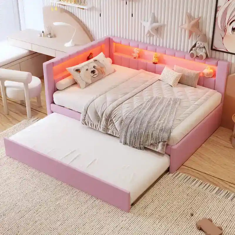 Modern Daybed with LED Lighting USB Ports and Trundle Bed 12