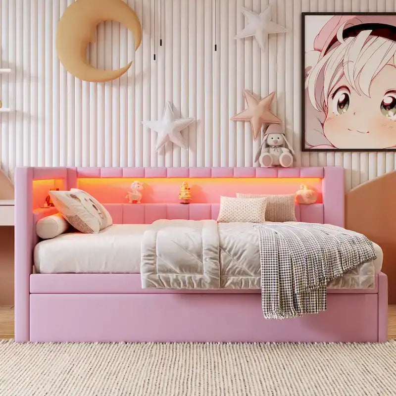 Modern Daybed with LED Lighting USB Ports and Trundle Bed 13