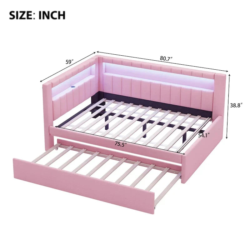 Modern Daybed with LED Lighting USB Ports and Trundle Bed 14