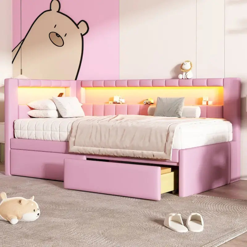 Modern Daybed with LED Lighting USB Ports and Trundle Bed 17
