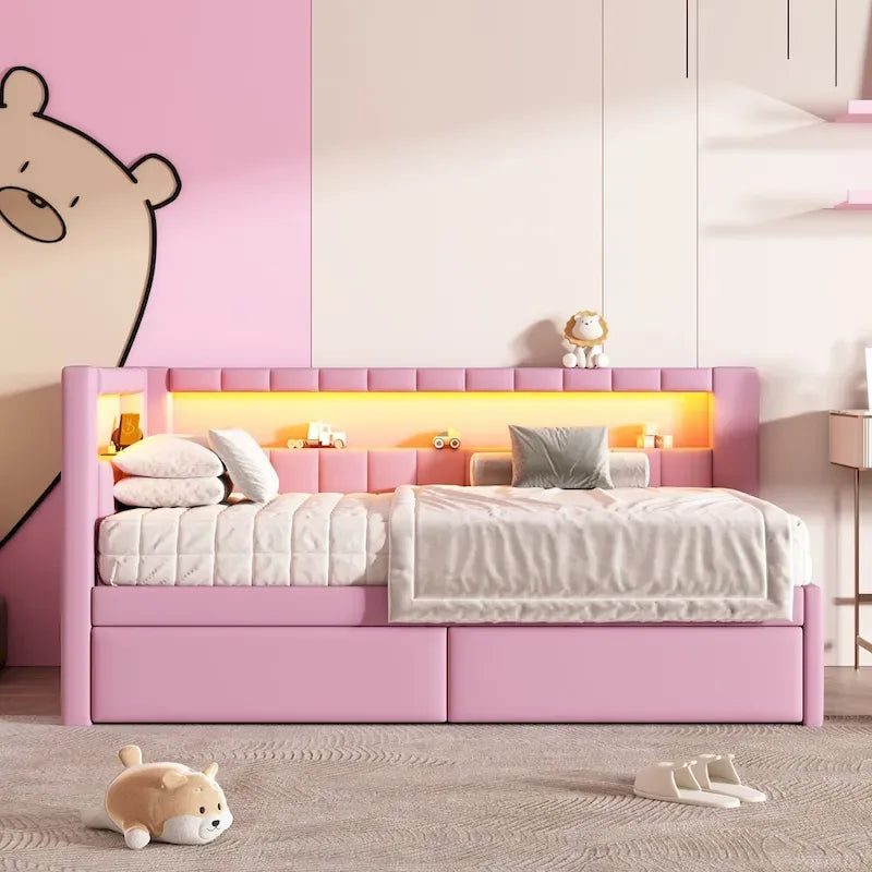 Modern Daybed with LED Lighting USB Ports and Trundle Bed 18