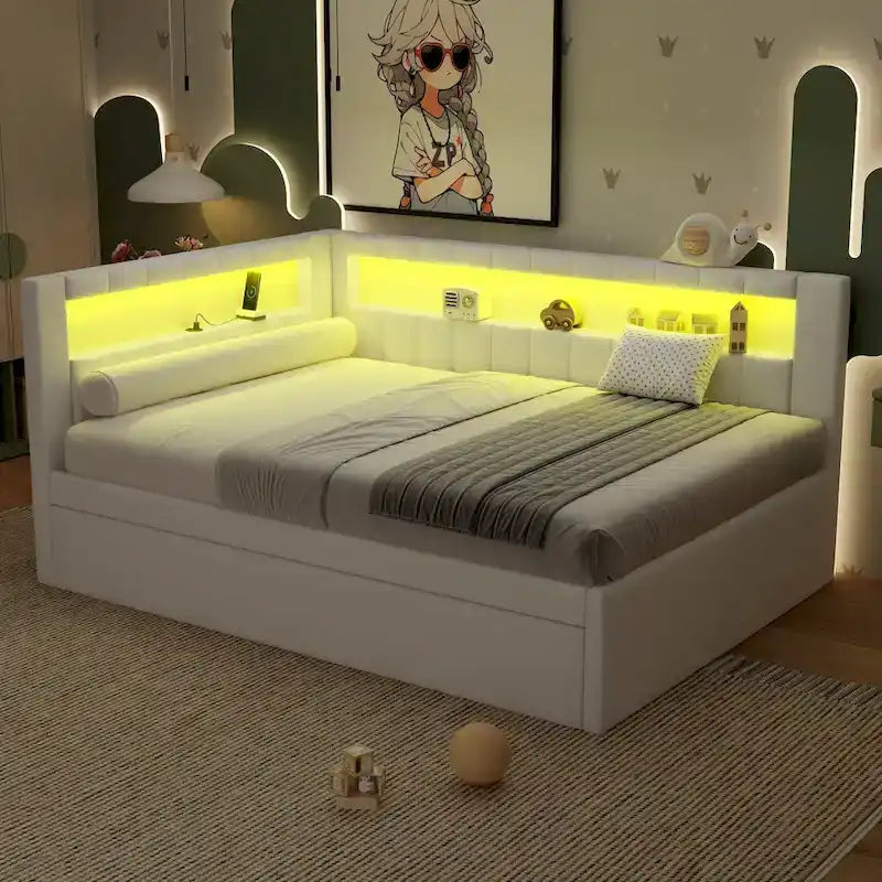 Modern Daybed with LED Lighting USB Ports and Trundle Bed 21