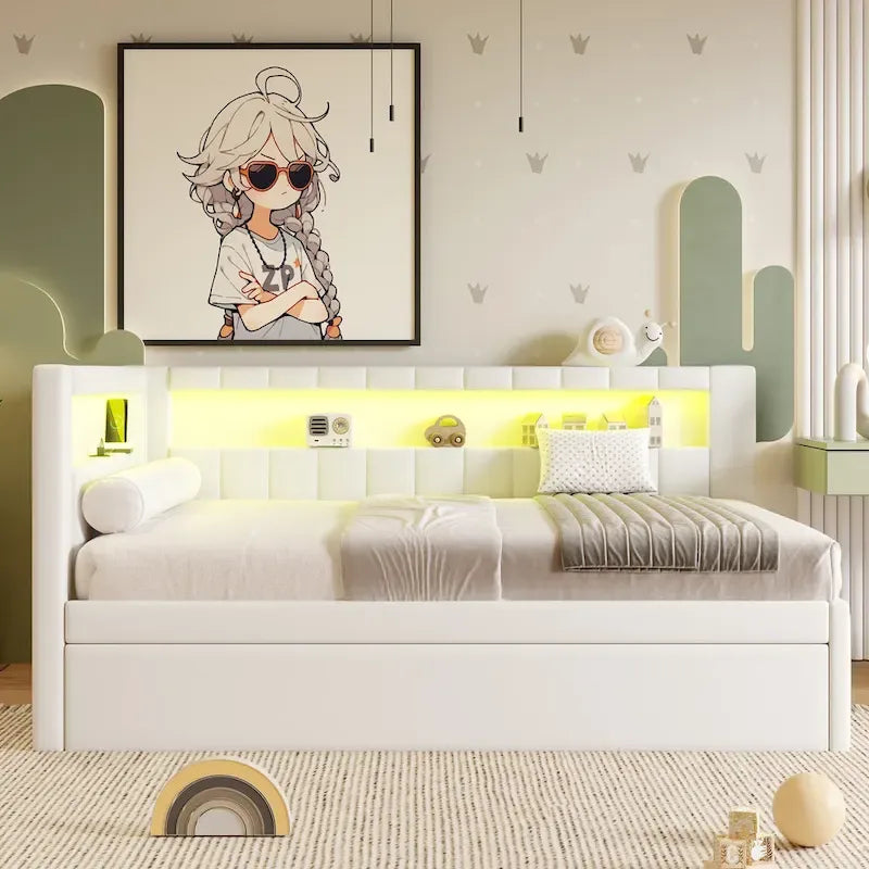 Modern Daybed with LED Lighting USB Ports and Trundle Bed 24