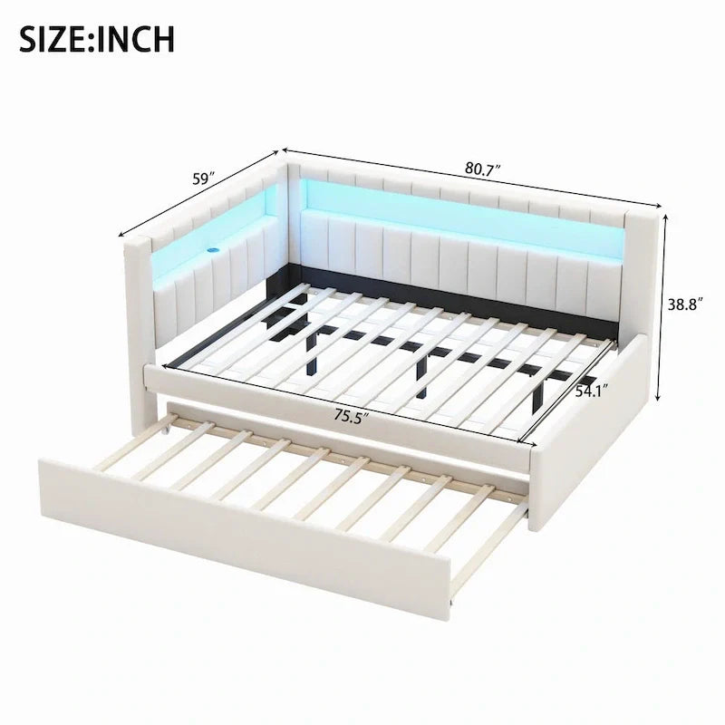 Modern Daybed with LED Lighting USB Ports and Trundle Bed 25
