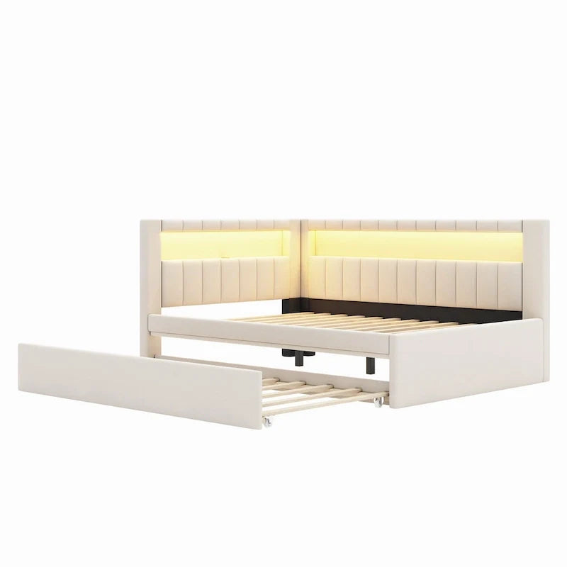 Modern Daybed with LED Lighting USB Ports and Trundle Bed 29