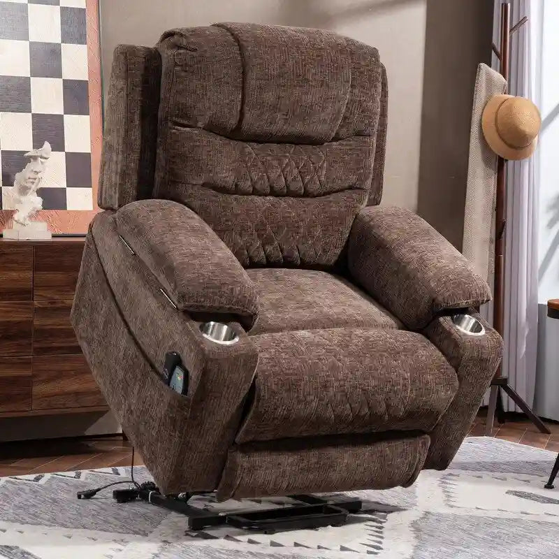 Plush Chenille Power Lift Recliner with Extended Footrest, Lift Assist, Heat & Massage Features, USB/Type C Charging, and Storage 2