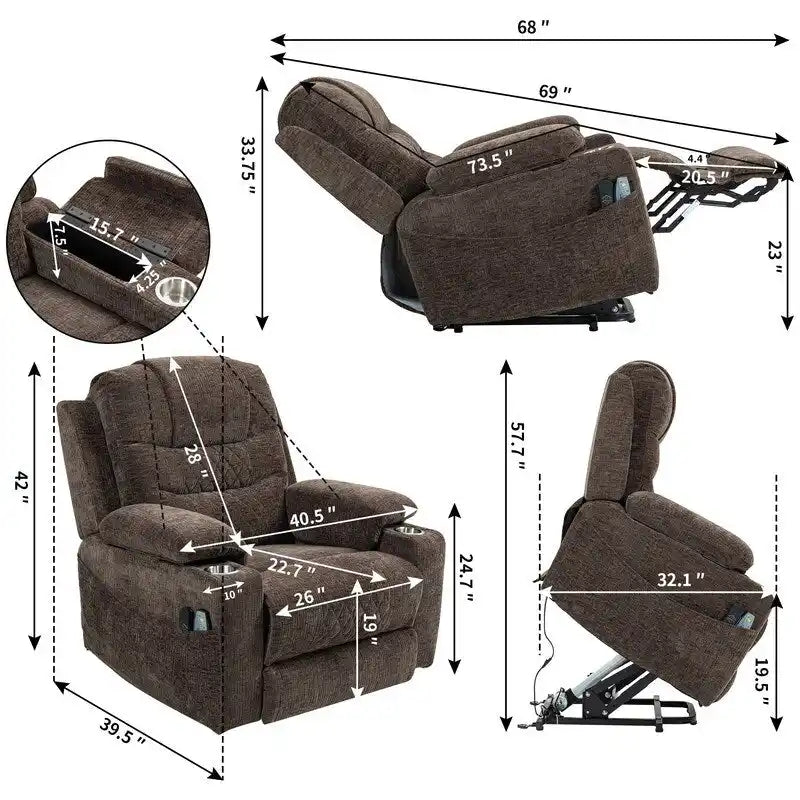 Plush Chenille Power Lift Recliner with Extended Footrest, Lift Assist, Heat & Massage Features, USB/Type C Charging, and Storage 6