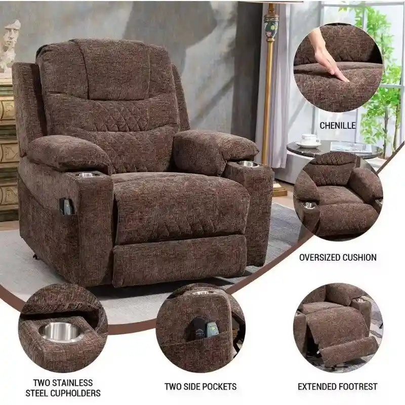 Plush Chenille Power Lift Recliner with Extended Footrest, Lift Assist, Heat & Massage Features, USB/Type C Charging, and Storage 7