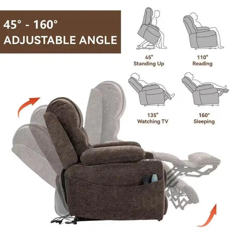 Plush Chenille Power Lift Recliner with Extended Footrest, Lift Assist, Heat & Massage Features, USB/Type C Charging, and Storage 10