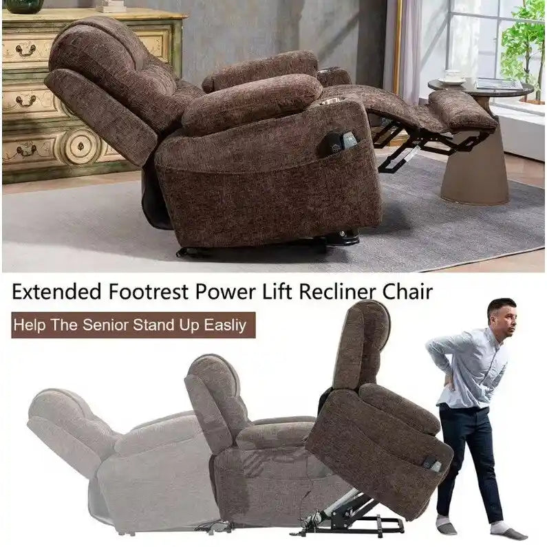 Plush Chenille Power Lift Recliner with Extended Footrest, Lift Assist, Heat & Massage Features, USB/Type C Charging, and Storage 11