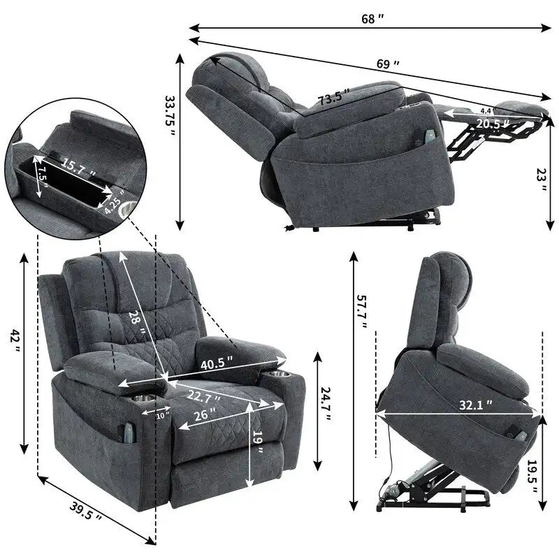 Plush Chenille Power Lift Recliner with Extended Footrest, Lift Assist, Heat & Massage Features, USB/Type C Charging, and Storage 17
