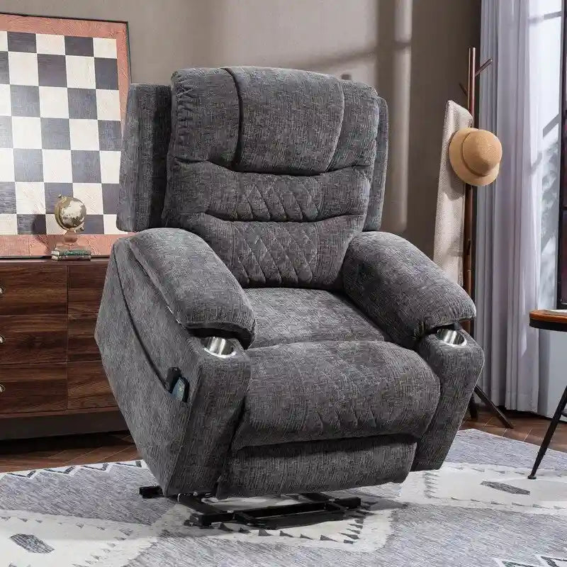 Plush Chenille Power Lift Recliner with Extended Footrest, Lift Assist, Heat & Massage Features, USB/Type C Charging, and Storage 26