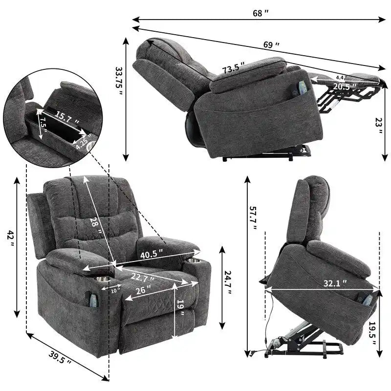 Plush Chenille Power Lift Recliner with Extended Footrest, Lift Assist, Heat & Massage Features, USB/Type C Charging, and Storage 28