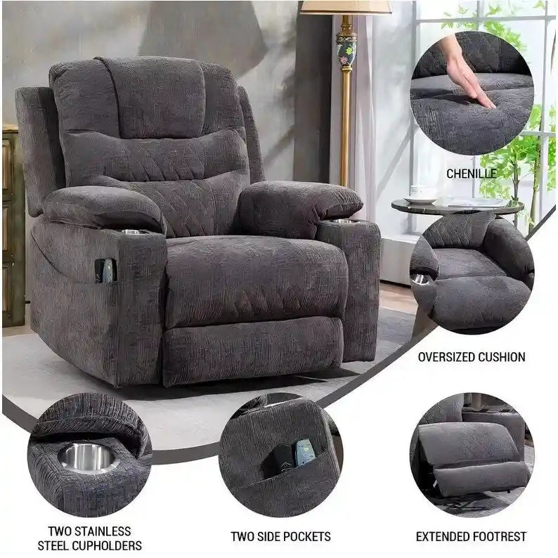 Plush Chenille Power Lift Recliner with Extended Footrest, Lift Assist, Heat & Massage Features, USB/Type C Charging, and Storage 29