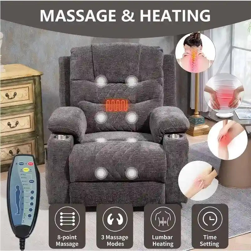 Plush Chenille Power Lift Recliner with Extended Footrest, Lift Assist, Heat & Massage Features, USB/Type C Charging, and Storage 30