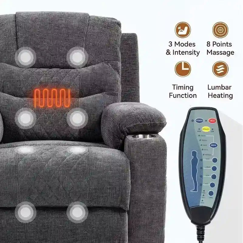 Plush Chenille Power Lift Recliner with Extended Footrest, Lift Assist, Heat & Massage Features, USB/Type C Charging, and Storage 31