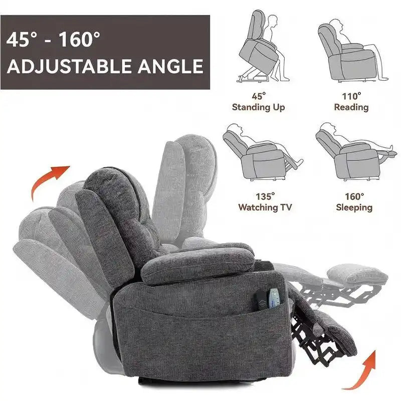 Plush Chenille Power Lift Recliner with Extended Footrest, Lift Assist, Heat & Massage Features, USB/Type C Charging, and Storage 32