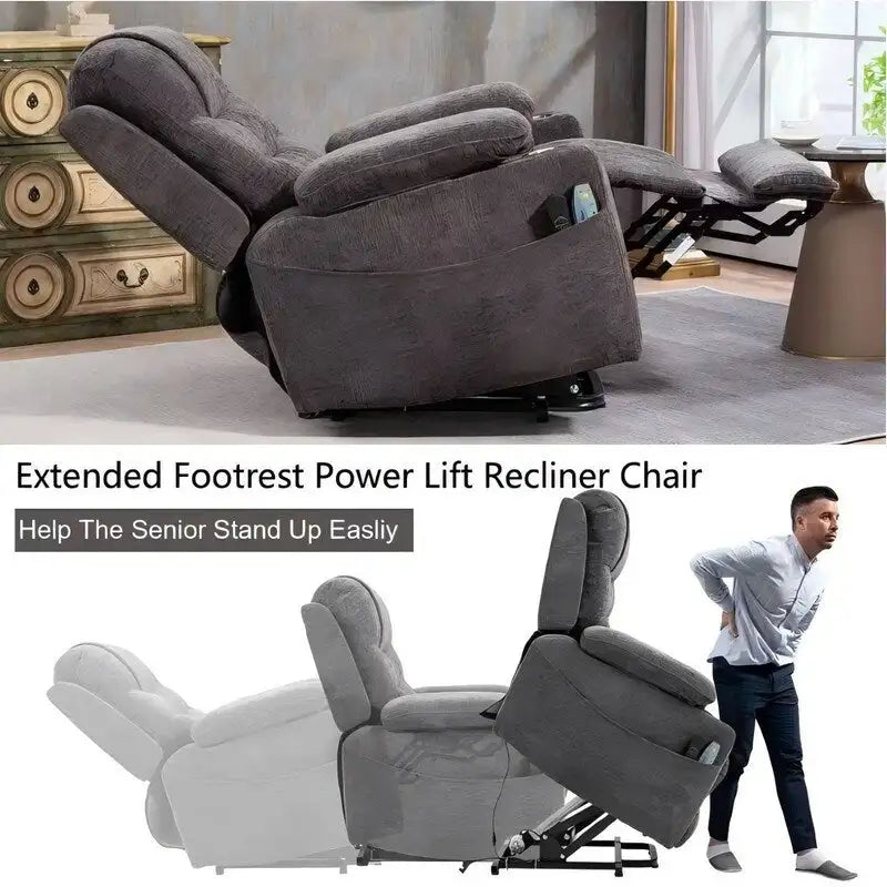 Plush Chenille Power Lift Recliner with Extended Footrest, Lift Assist, Heat & Massage Features, USB/Type C Charging, and Storage 33