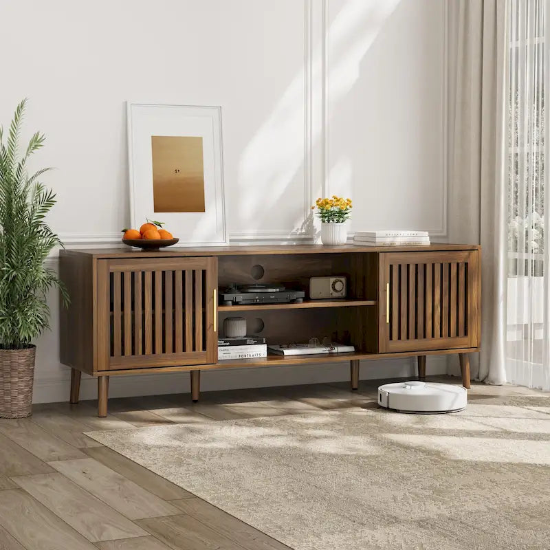 Farmhouse TV Stand with Slatted Doors and Storage Shelves 9