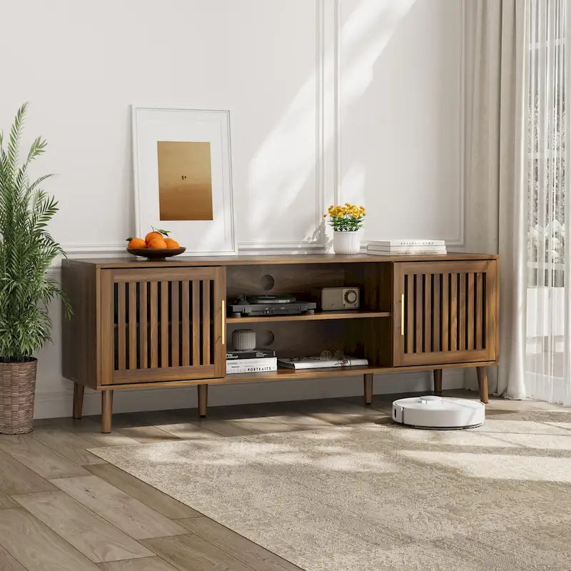 63-Inch Medieval Modern TV Stand with Adjustable Storage Rack and 2 Grille Door Cabinets 1