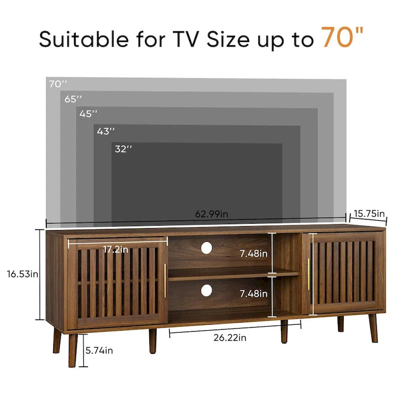 63-Inch Medieval Modern TV Stand with Adjustable Storage Rack and 2 Grille Door Cabinets 2