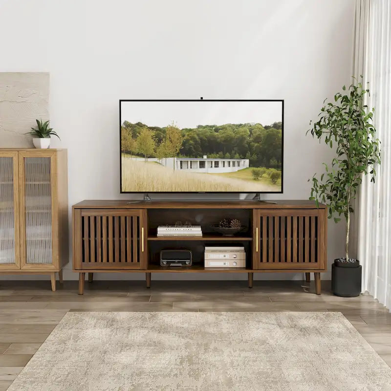 Farmhouse TV Stand with Slatted Doors and Storage Shelves 3