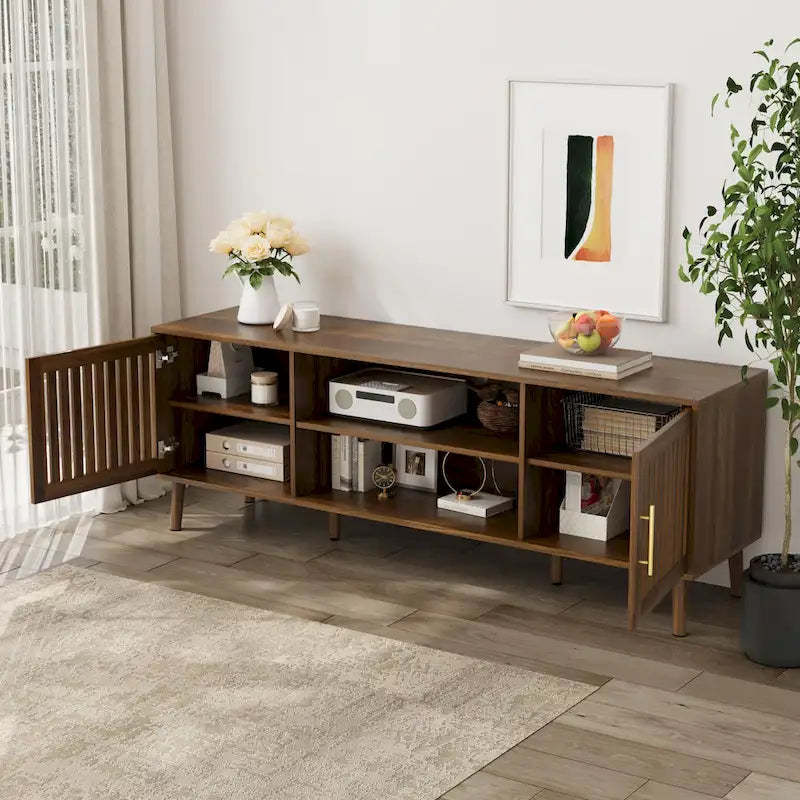 Farmhouse TV Stand with Slatted Doors and Storage Shelves 4